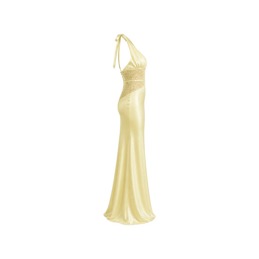 Alexandra Ngo Boutique Women's Halter Neck Satin Maxi Dress with Lace Corset Waist