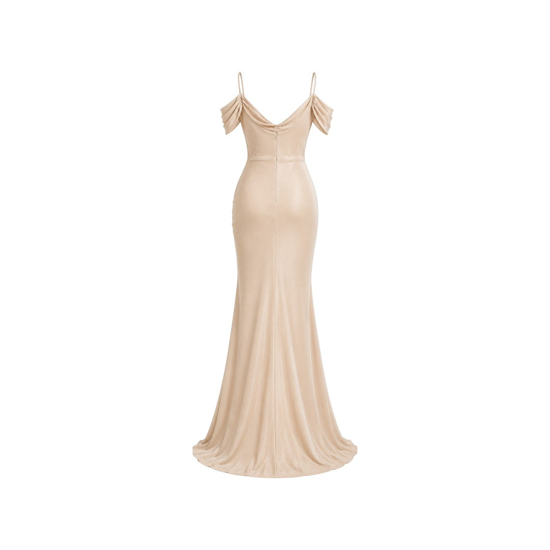Alexandra Ngo Boutique Women's Off-Shoulder Satin Maxi Dress with Ruched Detail & High Slit