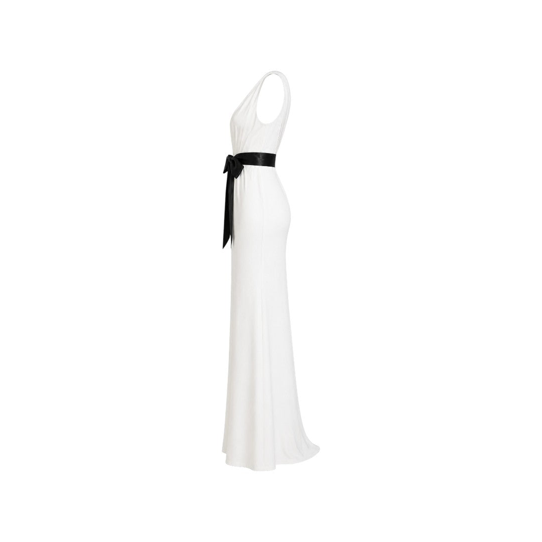 Alexandra Ngo Boutique Women's Deep V-Neck Maxi Dress with Satin Bow Waist – White & Black