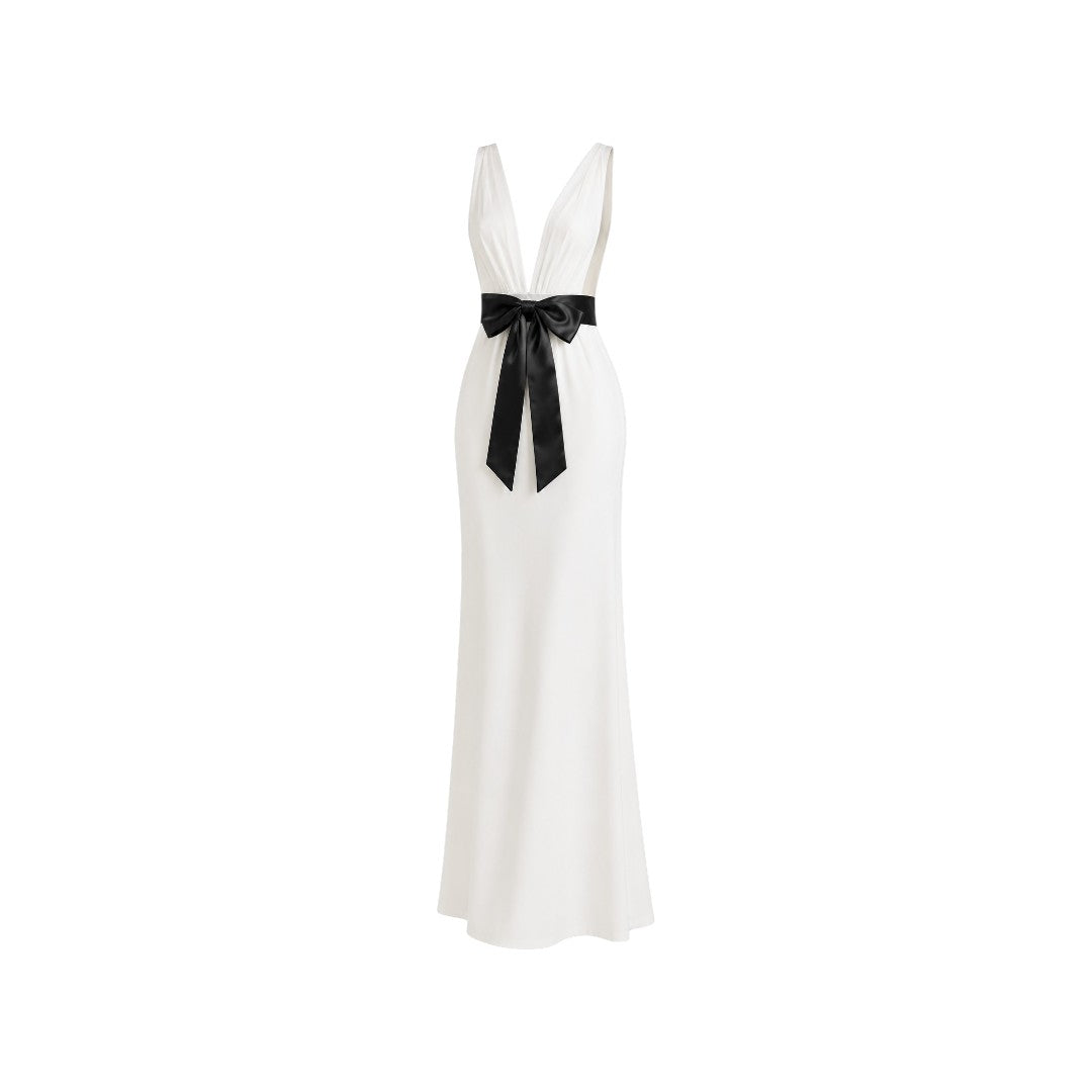 Alexandra Ngo Boutique Women's Deep V-Neck Maxi Dress with Satin Bow Waist – White & Black