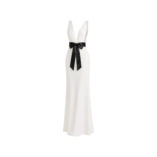 Alexandra Ngo Boutique Women's Deep V-Neck Maxi Dress with Satin Bow Waist – White & Black