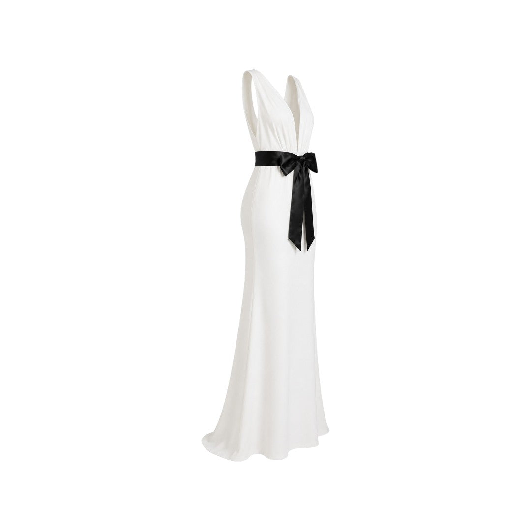 Alexandra Ngo Boutique Women's Deep V-Neck Maxi Dress with Satin Bow Waist – White & Black