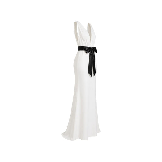 Alexandra Ngo Boutique Women's Deep V-Neck Maxi Dress with Satin Bow Waist – White & Black