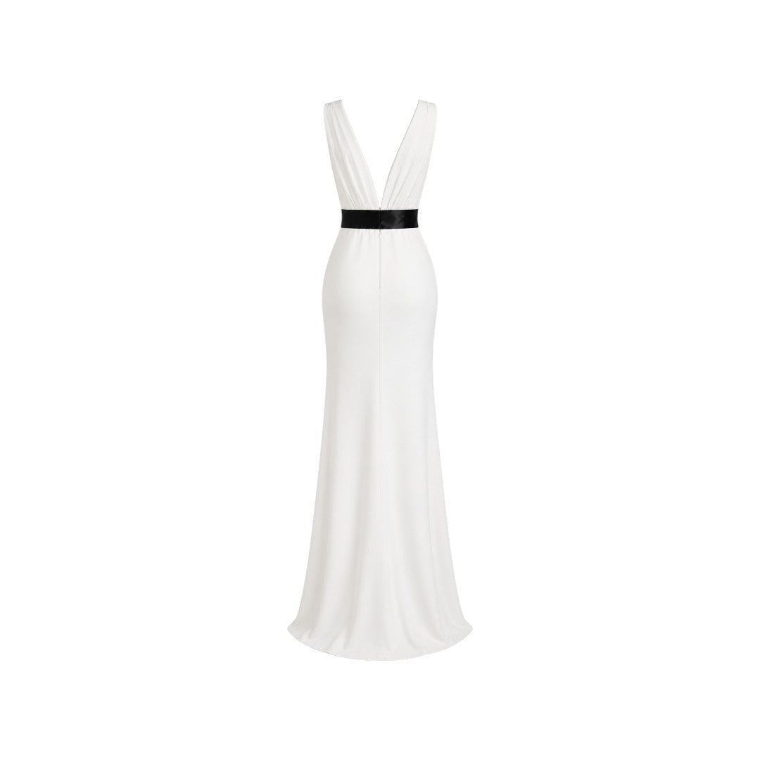 Alexandra Ngo Boutique Women's Deep V-Neck Maxi Dress with Satin Bow Waist – White & Black