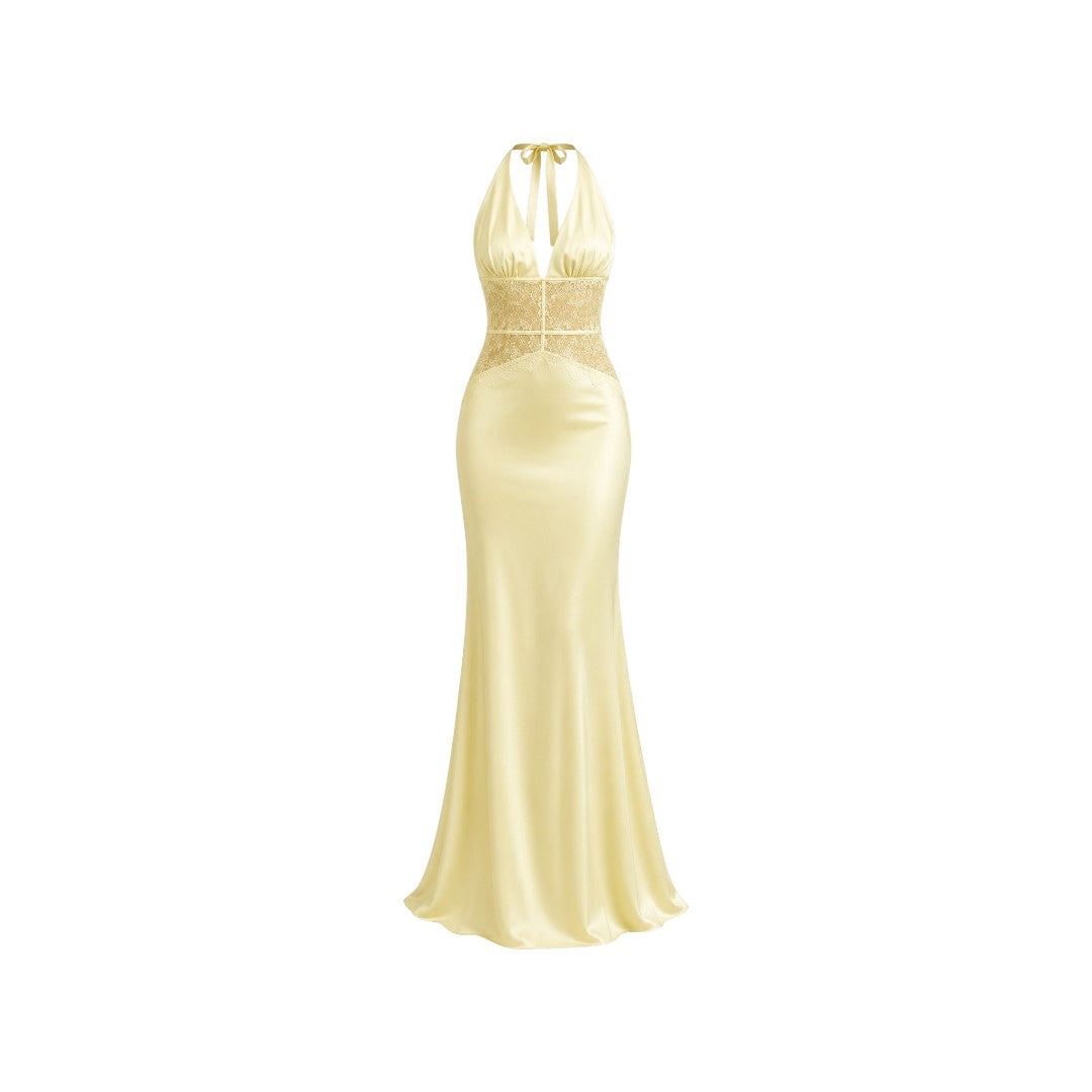 Alexandra Ngo Boutique Women's Halter Neck Satin Maxi Dress with Lace Corset Waist