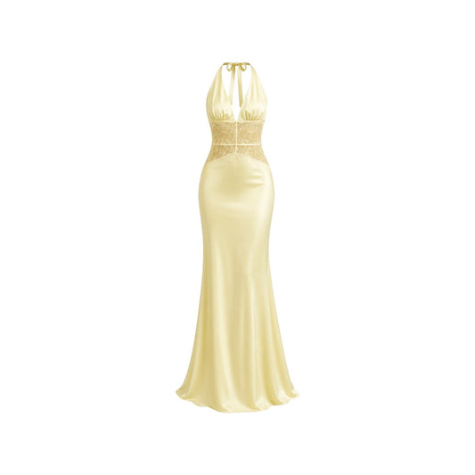 Alexandra Ngo Boutique Women's Halter Neck Satin Maxi Dress with Lace Corset Waist