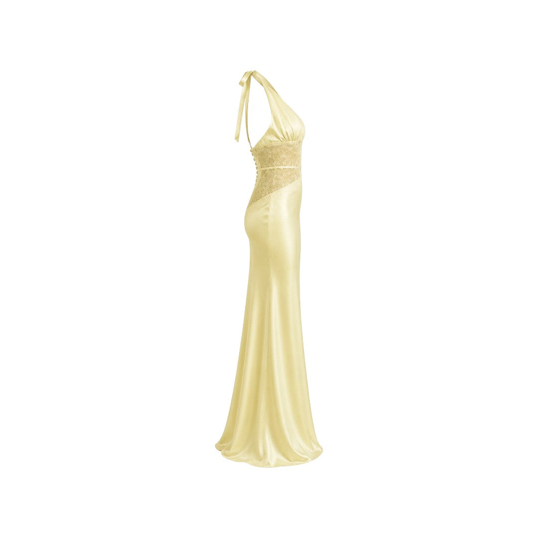 Alexandra Ngo Boutique Women's Halter Neck Satin Maxi Dress with Lace Corset Waist