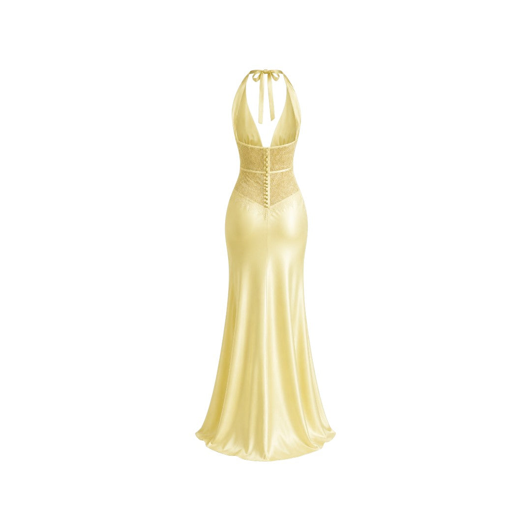 Alexandra Ngo Boutique Women's Halter Neck Satin Maxi Dress with Lace Corset Waist