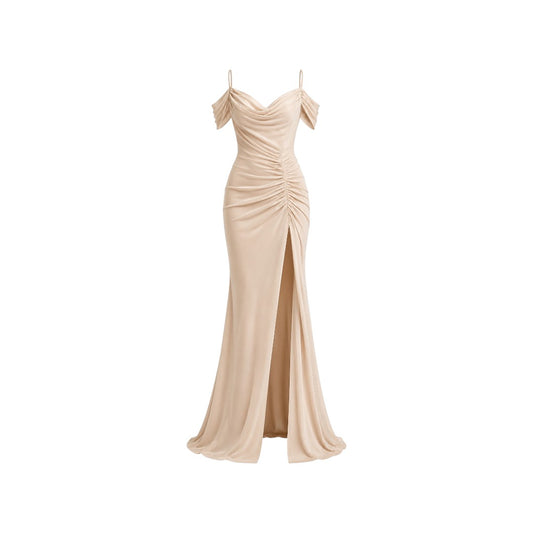 Alexandra Ngo Boutique Women's Off-Shoulder Satin Maxi Dress with Ruched Detail & High Slit