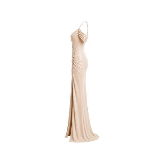 Alexandra Ngo Boutique Women's Off-Shoulder Satin Maxi Dress with Ruched Detail & High Slit