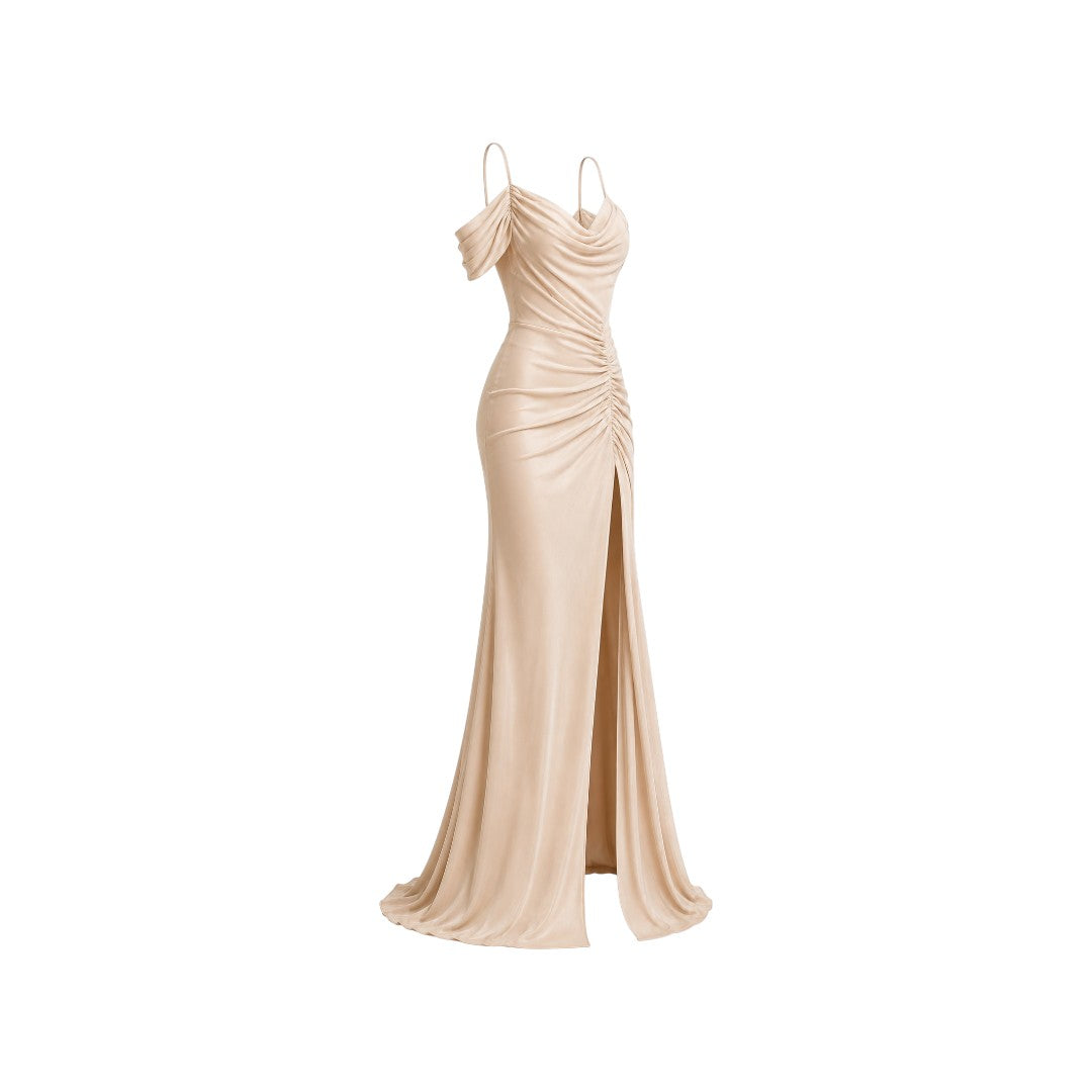 Alexandra Ngo Boutique Women's Off-Shoulder Satin Maxi Dress with Ruched Detail & High Slit