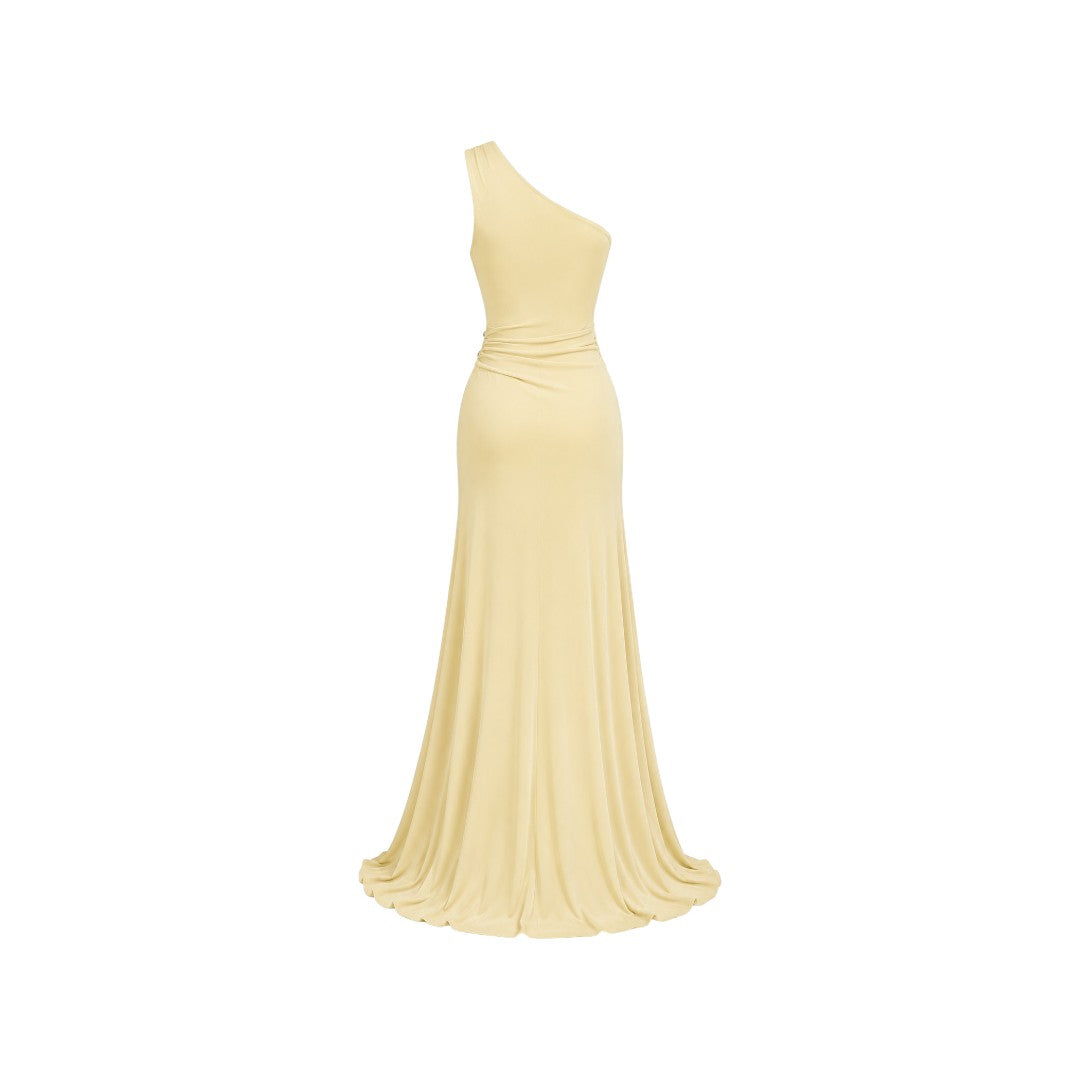 Alexandra Ngo Boutique Women's One-Shoulder Metallic Accent Maxi Dress – Champagne Beige