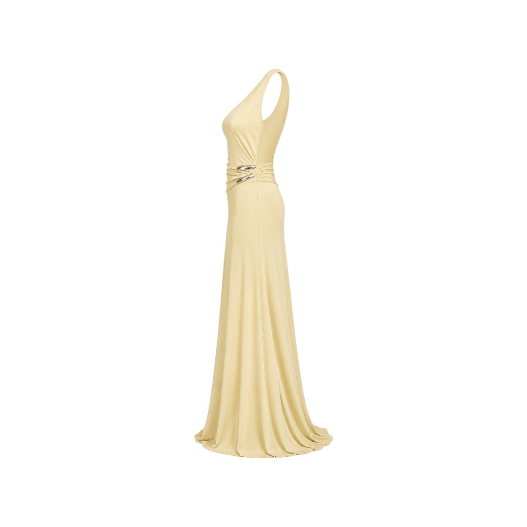 Alexandra Ngo Boutique Women's One-Shoulder Metallic Accent Maxi Dress – Champagne Beige