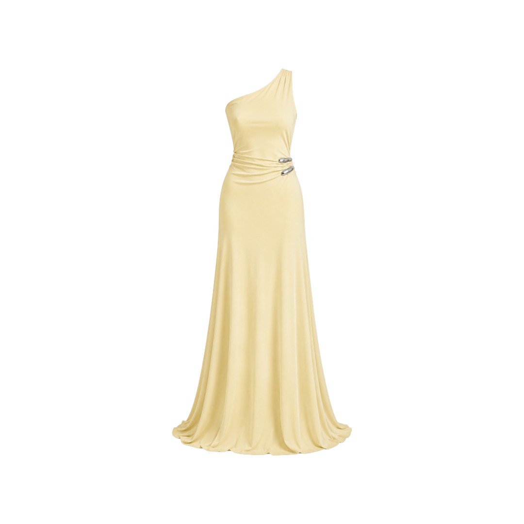 Alexandra Ngo Boutique Women's One-Shoulder Metallic Accent Maxi Dress – Champagne Beige