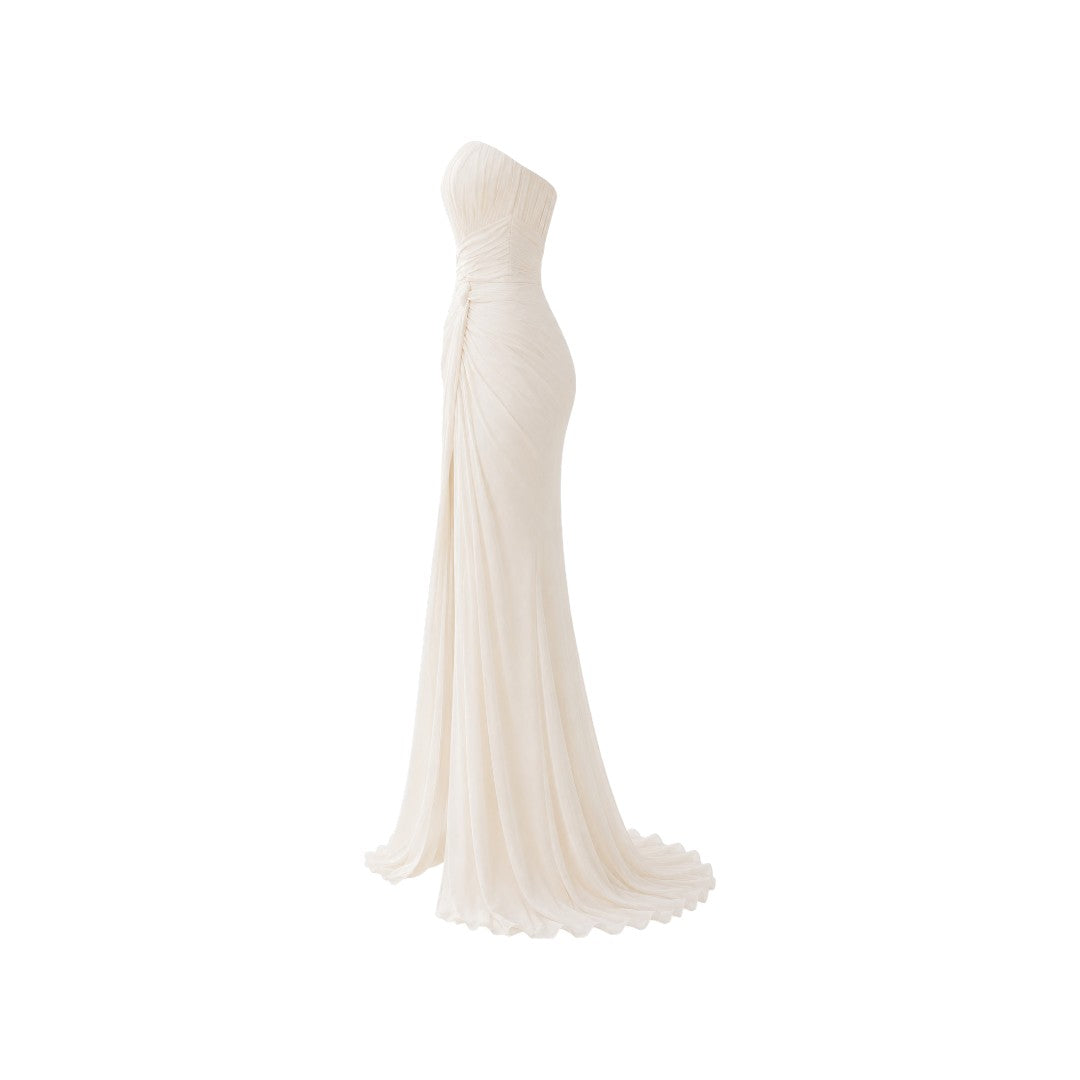 Alexandra Ngo Boutique Women's Strapless Pleated Maxi Dress with Draped Overlay – Ivory White