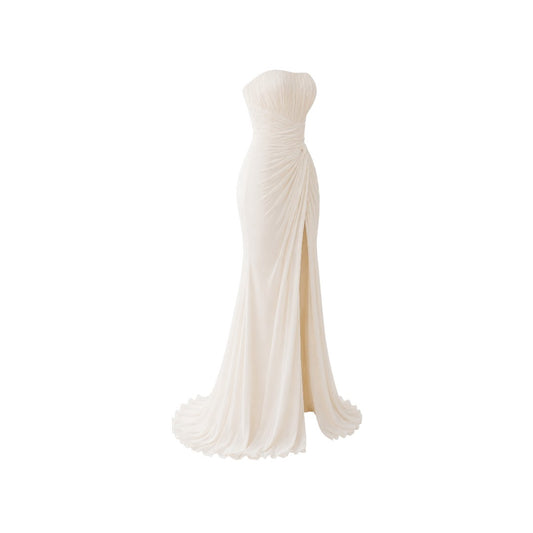 Alexandra Ngo Boutique Women's Strapless Pleated Maxi Dress with Draped Overlay – Ivory White
