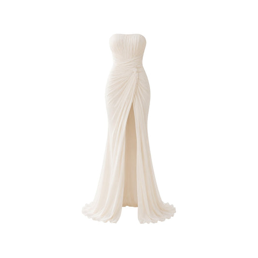 Alexandra Ngo Boutique Women's Strapless Pleated Maxi Dress with Draped Overlay – Ivory White