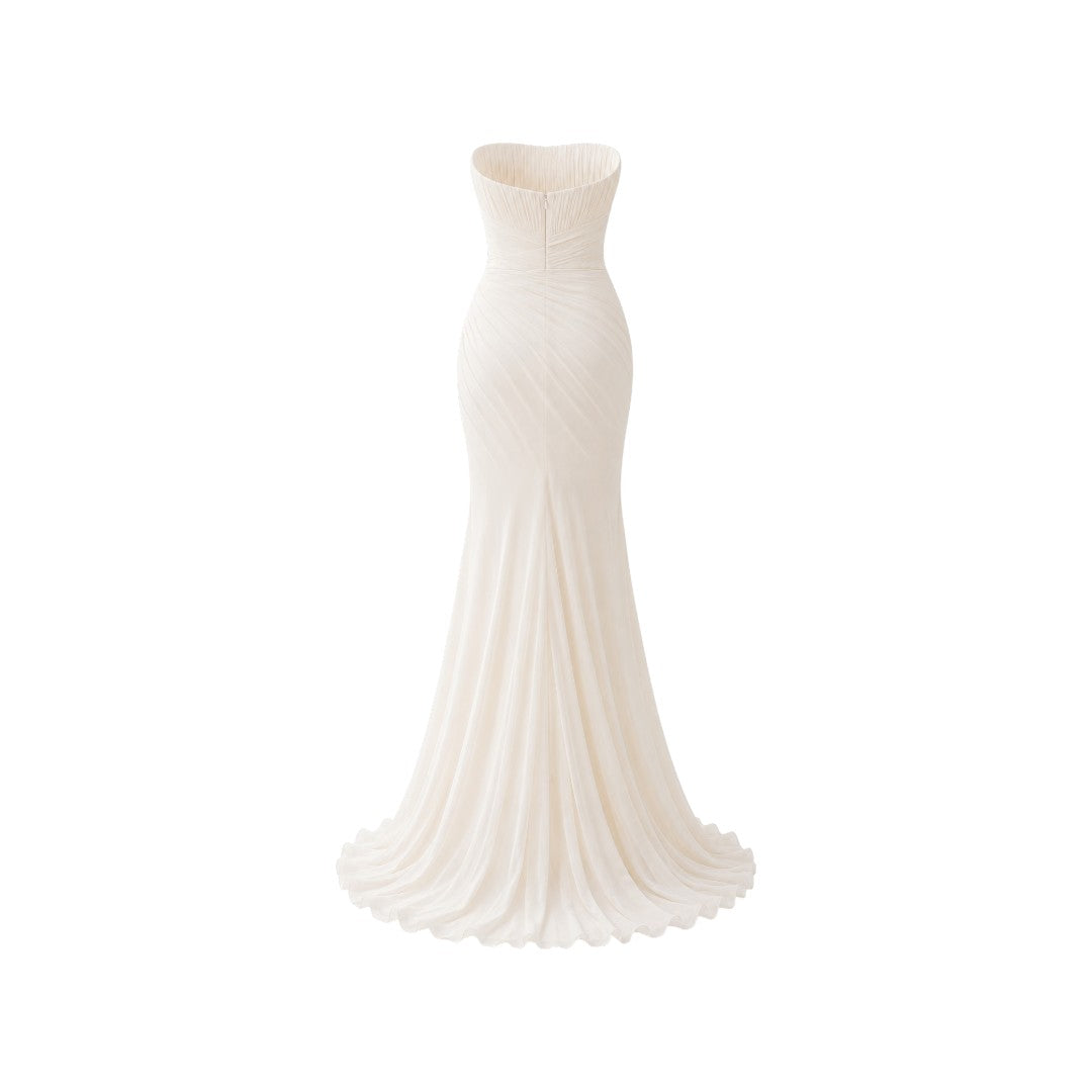 Alexandra Ngo Boutique Women's Strapless Pleated Maxi Dress with Draped Overlay – Ivory White